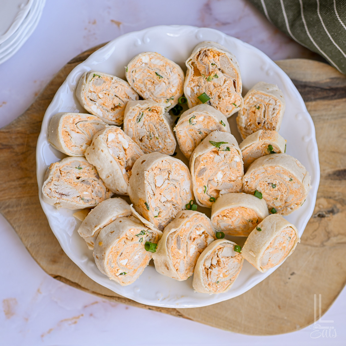 plate of buffalo chicken pinwheels.