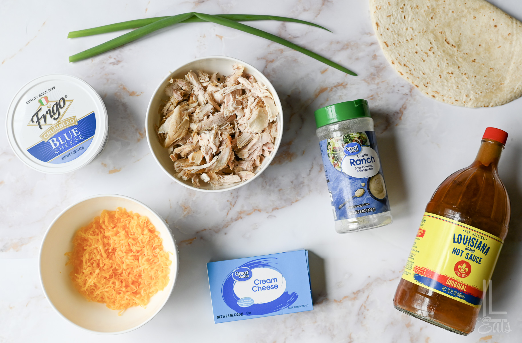 ingredients for cold buffalo chicken pinwheels.