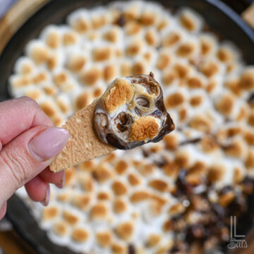 holding a graham cracker covered with chocolate and marshmallow smores dip.