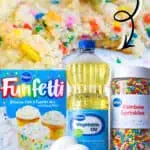 Colorful Funfetti cookies with rainbow sprinkles and cake mix ingredients.