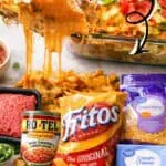Beefy walking taco casserole with cheese, Fritos, and toppings, easy to make.