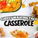 Cheesy walking taco casserole with fresh toppings in a glass dish.