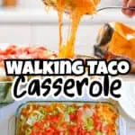 Close-up of walking taco casserole with melted cheese and fresh toppings.