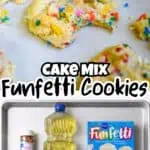 Close-up of colorful funfetti cookies with cake mix and ingredients on baking sheet.