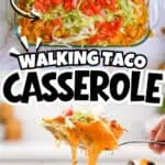 Walking Taco Casserole in a glass dish topped with lettuce and tomatoes.