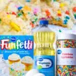 Colorful sprinkled Funfetti cookies with cake mix and rainbow sprinkles close-up.