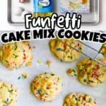 Ingredients for Funfetti cake mix cookies on baking sheet with cookies and sprinkles.