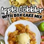 Apple cobbler with cake mix served with a scoop of vanilla ice cream on top.