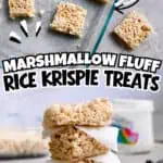 Close-up of homemade rice krispie treats with marshmallow fluff on a gray background.
