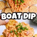 Close-up of boat dip appetizer topped with green onions and surrounded by crackers.
