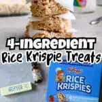 Stacked rice krispie treats with marshmallow fluff and ingredients on a kitchen counter.
