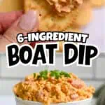 Close-up of a cracker topped with boat dip and chopped green onions, with a bowl of boat dip and waf.