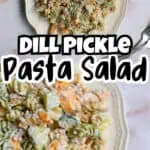 Creamy dill pickle pasta salad with bacon served on a white plate with decorative edges.