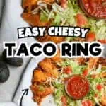 Close-up of crispy taco crescent ring with salad and salsa on a white plate.