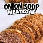 Close-up of onion soup meatloaf sliced on a wooden board with crispy topping.