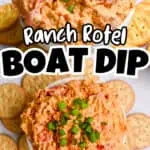Creamy ranch boat dip garnished with chopped green onions, served with crackers.