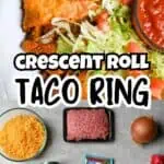 Taco Crescent Ring with salad and dipping sauce on a plate.