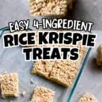 Close-up of homemade rice krispie treats with marshmallow fluff on a glass tray.