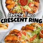 Cheesy taco crescent ring with lettuce, tomato, and salsa on a white plate.