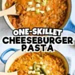 One Pot Cheeseburger Pasta in a blue skillet topped with chopped green onions.
