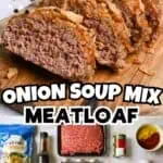 Close-up of onion soup mix meatloaf with ingredients on a wooden surface.