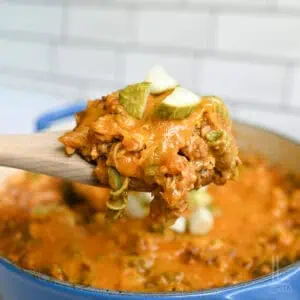 holding a spoonful of cheeseburger pasta over a pot full of food.
