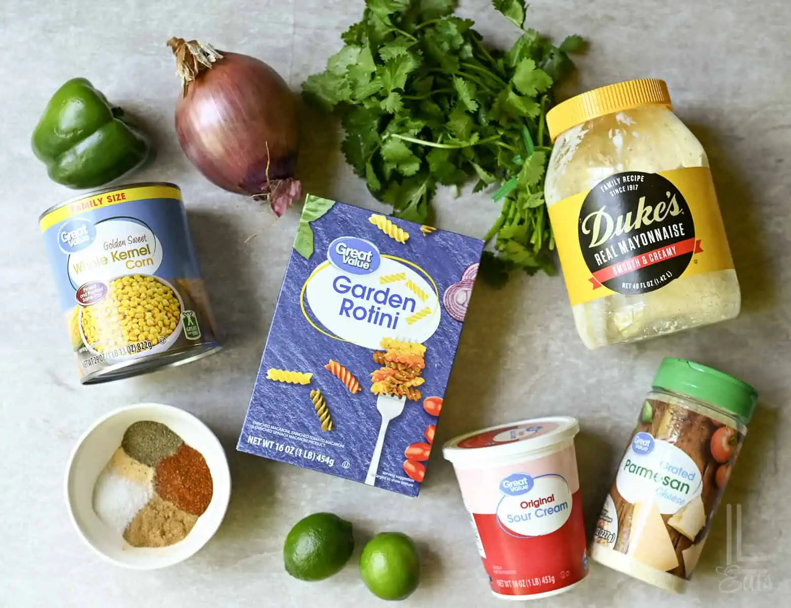 ingredients for elote corn pasta salad.