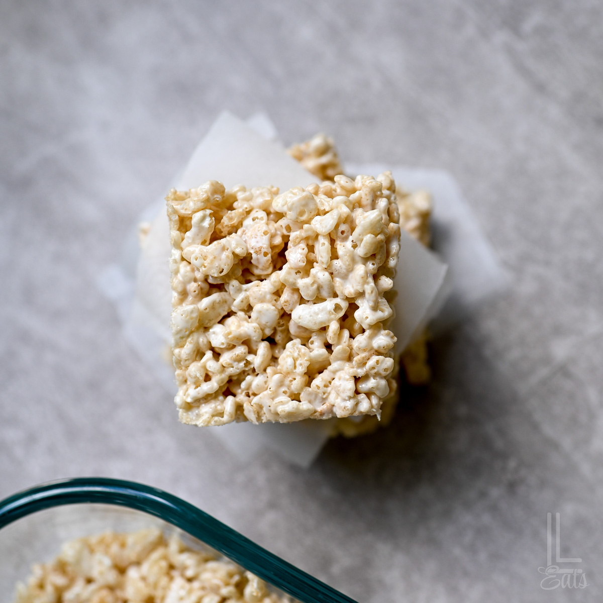 looking down on a stack of rice krispie treats.