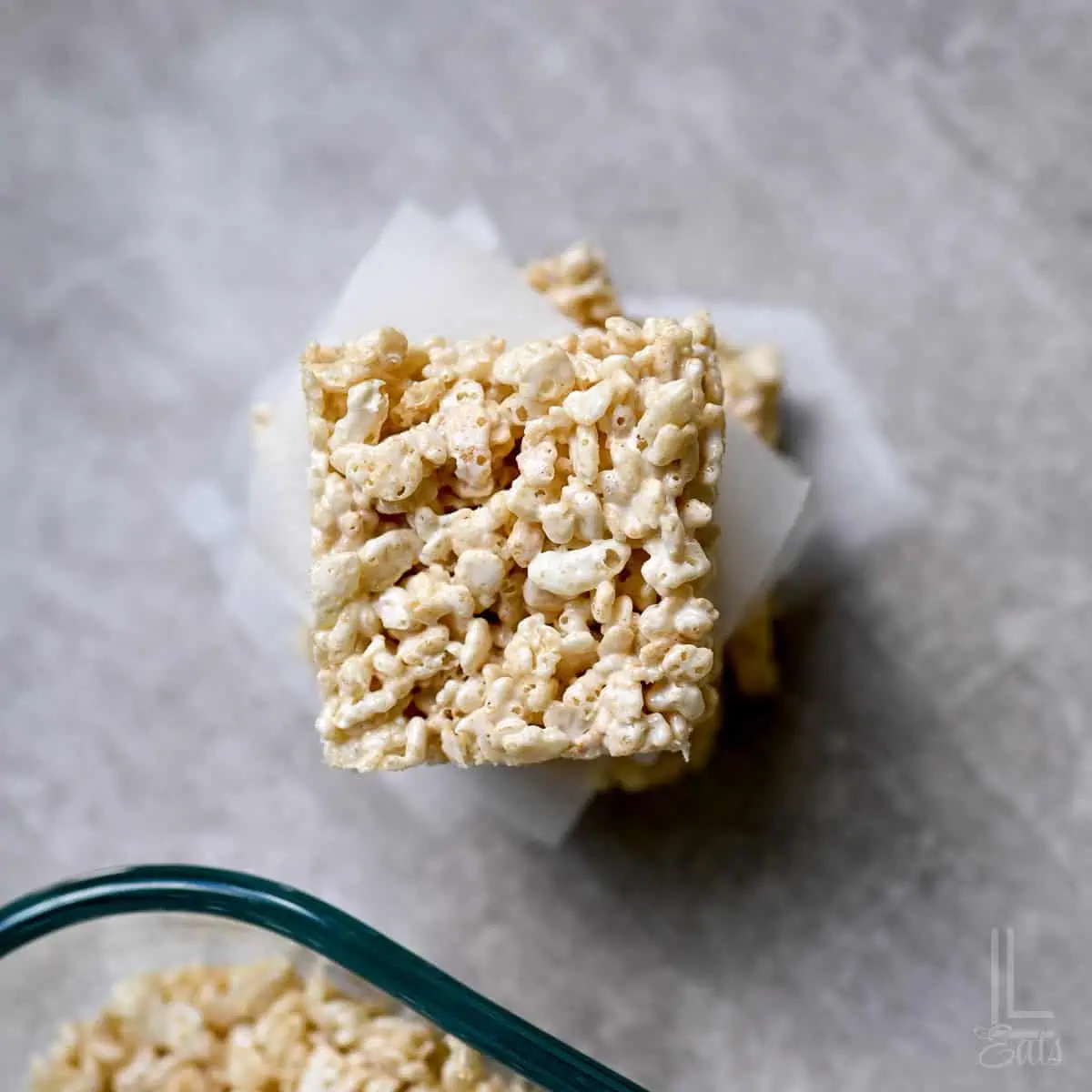 looking down on a stack of rice krispie treats.