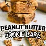 Close-up of thick, chewy peanut butter cookie bars with chocolate chunks.