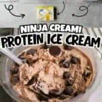 Delicious Ninja Creami protein ice cream with chocolate chips in a glass bowl.