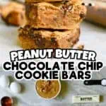 Stack of peanut butter chocolate chip cookie bars with ingredients around on a white surface.