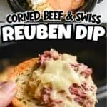 Close-up of a bread slice topped with corned beef, Swiss cheese, and Reuben dip.
