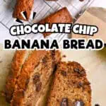 Chocolate chip banana bread slices and whole loaf on cooling rack with text overlay.