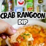 Crab Rangoon Dip with Wonton Chips and ingredients on a table.