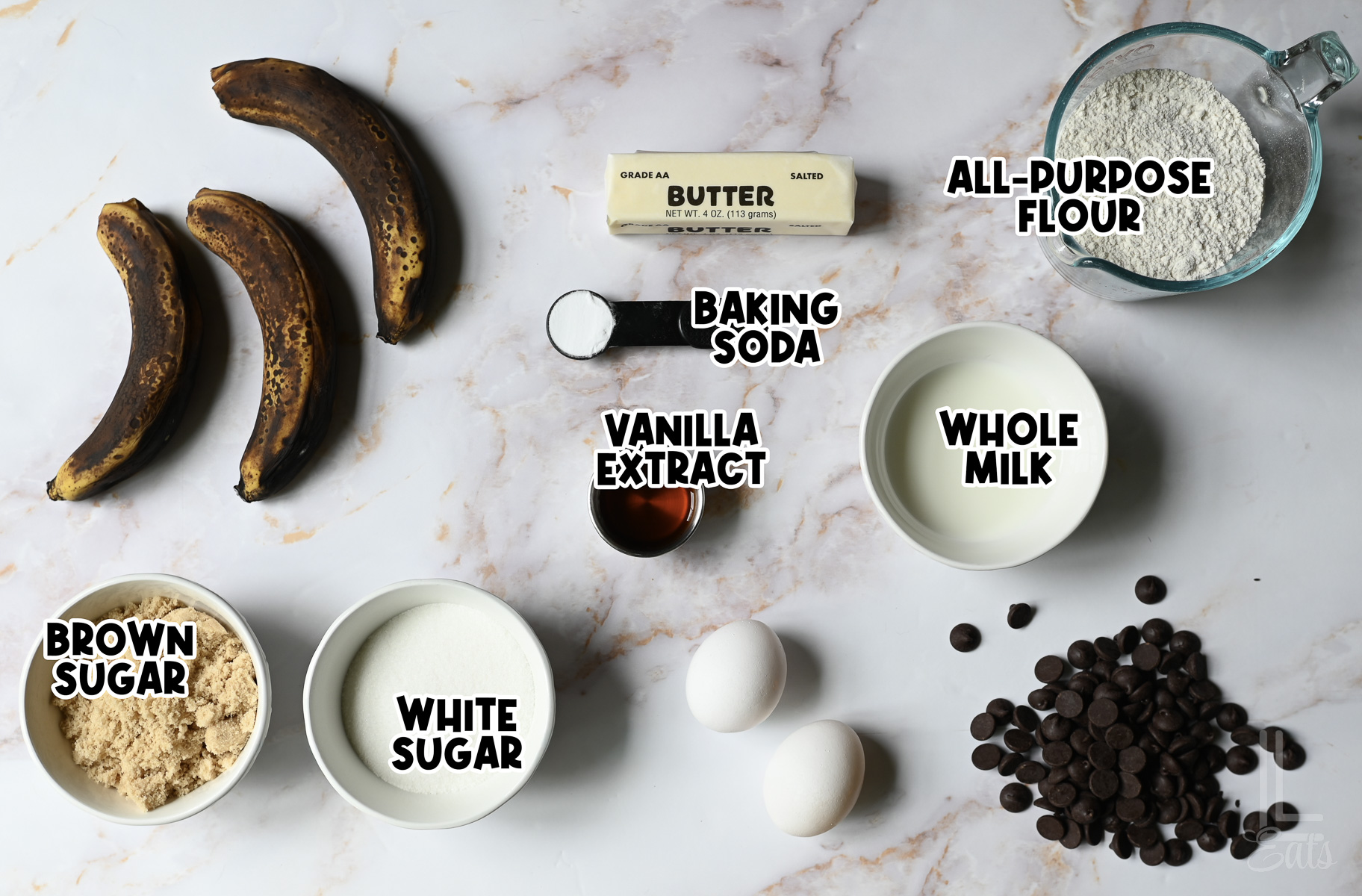 ingredients for chocolate chip banana bread.