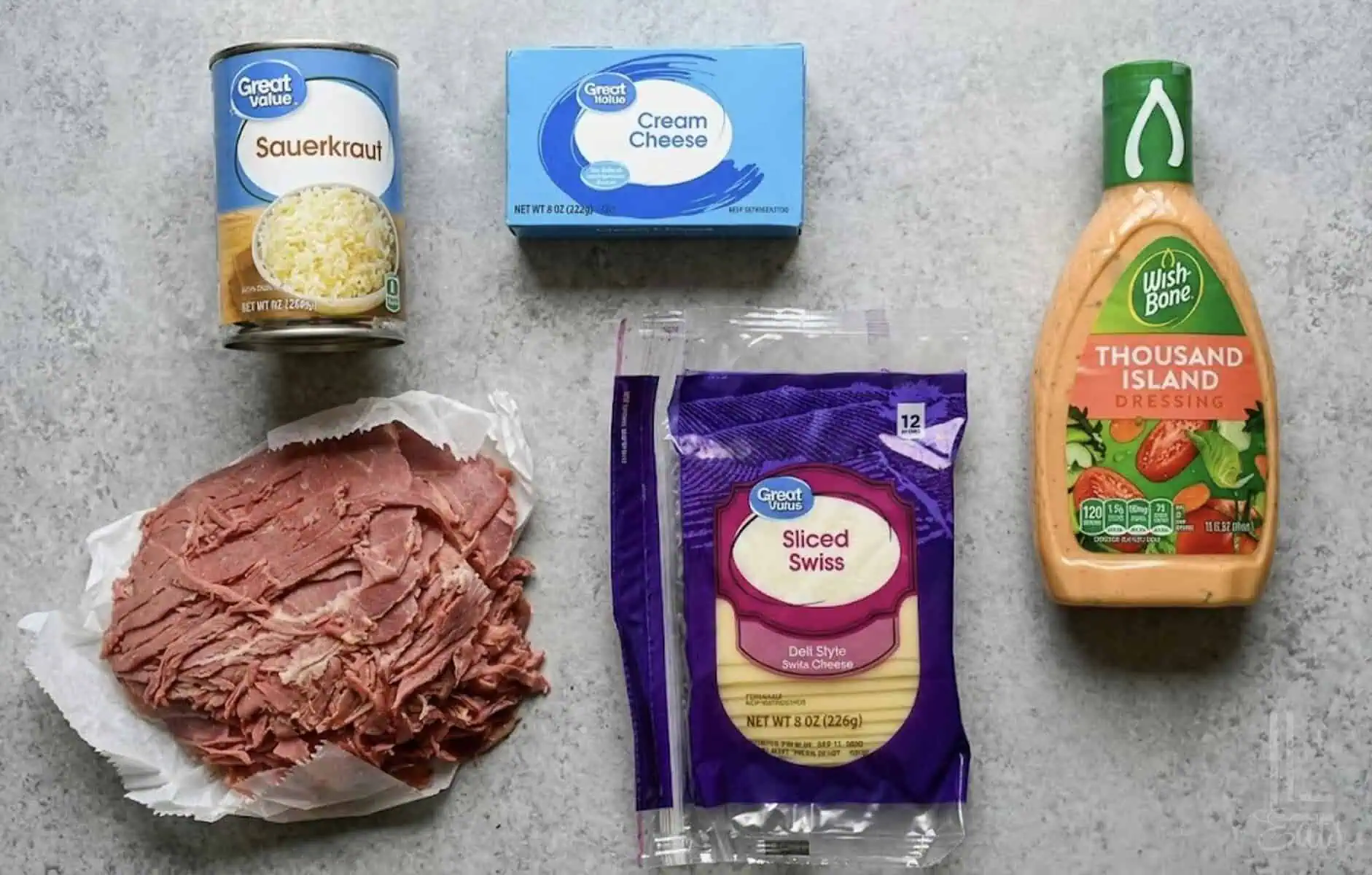 ingredients for crock pot reuben dip.