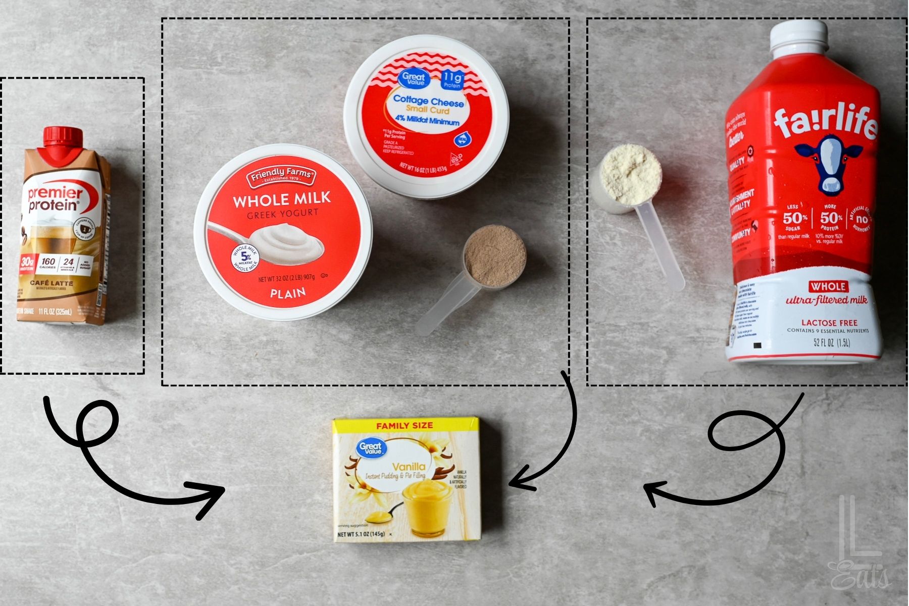 ingredients for 5 different recipes of protein ice cream for the ninja creami.
