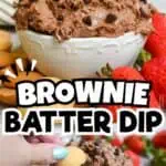 Close-up of creamy brownie batter dip topped with chocolate chips in a white bowl.