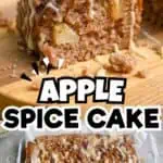 Close-up of apple spice cake with icing and chunks of apple, served on a wooden board.