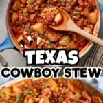 Hearty Texas cowboy stew with beef, potatoes, and vegetables in a blue pot.