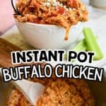 Close-up of spicy buffalo chicken in a white bowl with celery sticks on side.