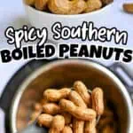 Bowl of spicy Southern boiled peanuts with a close-up of peanuts in a spoon.