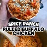 Spicy ranch pulled buffalo chicken in a bowl with shredded cheese and sauce.