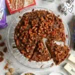 Delicious pecan upside down cake with caramel topping and cake mix ingredients.