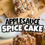 Apple Spice Cake with Cake Mix topped with white icing and nuts on a wooden board.