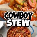 Hearty cowboy stew with sausage, potatoes, and vegetables in a rustic pot.