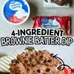 Chocolate brownie batter dip with ingredients and toppings on a neutral background.