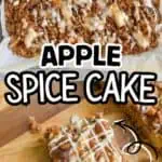Apple spice cake with icing and crumb topping on a baking sheet and a slice on a wooden board.