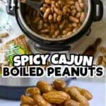 Spicy Cajun boiled peanuts in a white bowl with a pot of cooked peanuts in the background.